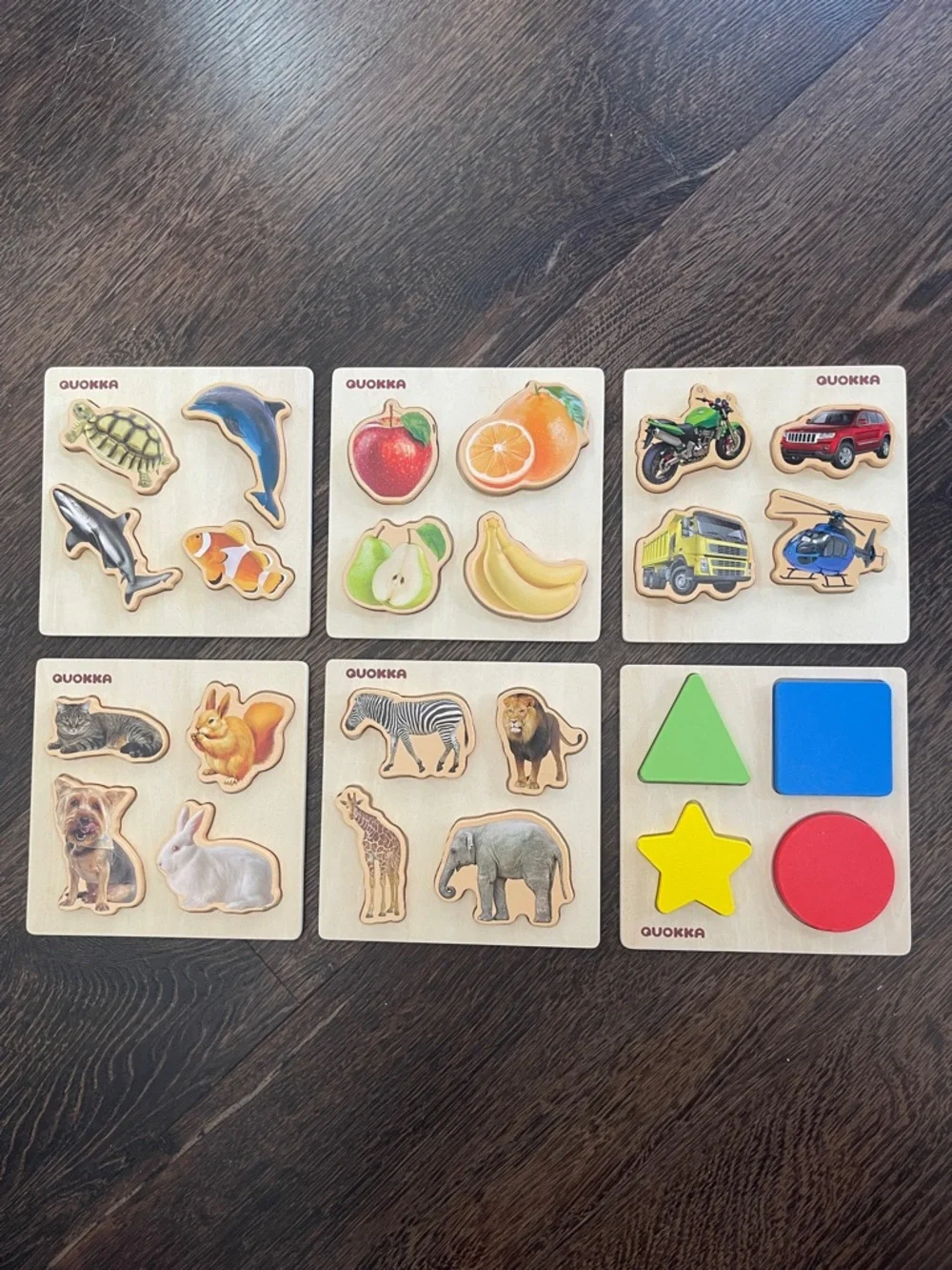 Quokka 6 Wooden Kids Puzzle Set - Colorful Animals, Fruits & Shapes